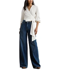 Lauren Ralph Lauren Stretch Cotton V-Neck Long Sleeve Wrap Blouse