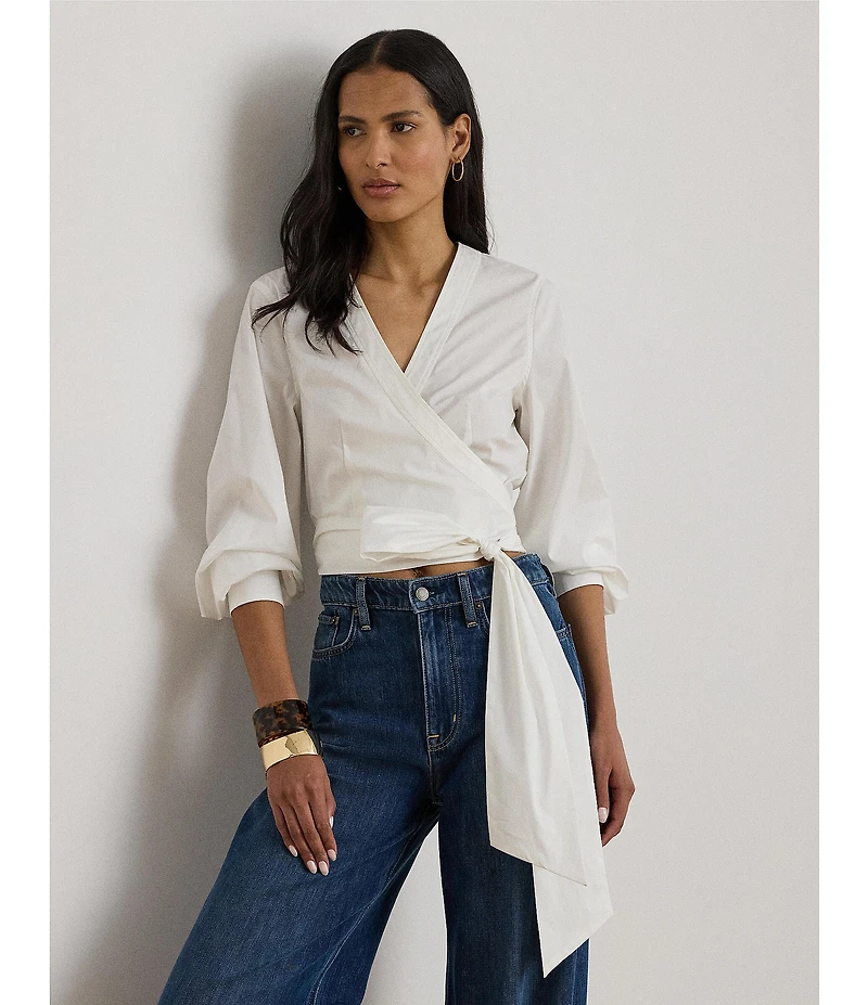 Lauren Ralph Lauren Stretch Cotton V-Neck Long Sleeve Wrap Blouse