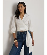 Lauren Ralph Lauren Stretch Cotton V-Neck Long Sleeve Wrap Blouse