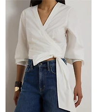 Lauren Ralph Lauren Stretch Cotton V-Neck Long Sleeve Wrap Blouse