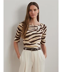Lauren Ralph Lauren Stretch Cotton Zebra Boat Neck Elbow Sleeve Tee