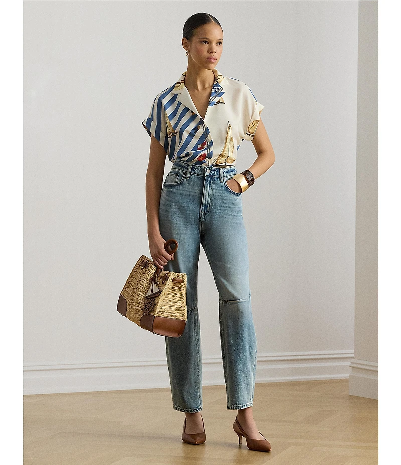 Lauren Ralph Lauren Stretch Denim High Rise Barrel Leg Ankle Length Jeans