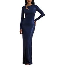 Lauren Ralph Lauren Stretch Jersey Asymmetrical Neck Long Sleeve Cutout Column Gown