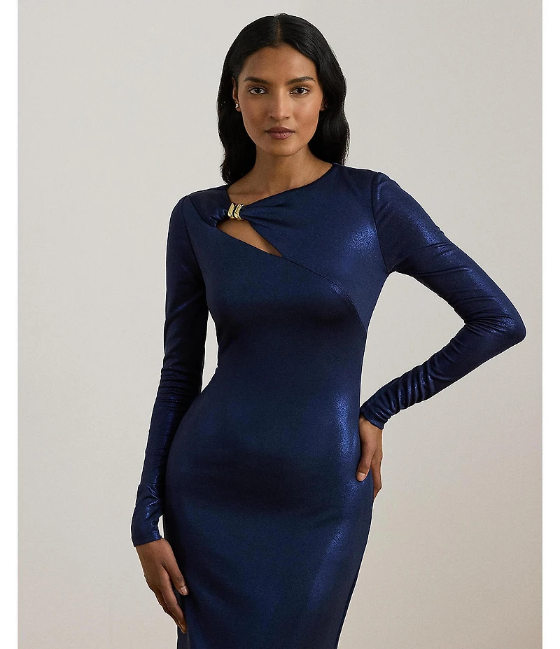 Lauren Ralph Lauren Stretch Jersey Asymmetrical Neck Long Sleeve Cutout Column Gown