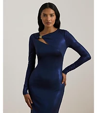 Lauren Ralph Lauren Stretch Jersey Asymmetrical Neck Long Sleeve Cutout Column Gown