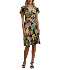 Lauren Ralph Lauren Stretch Jersey Floral Print V Neck Short Sleeve Sheath Knee Length Dress