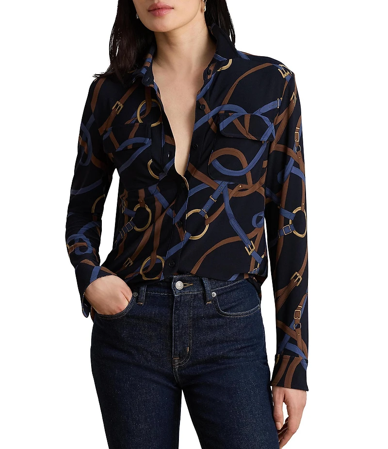 Lauren Ralph Lauren Stretch Jersey Knit Belting Print Spread Collar Long Sleeve Shirt