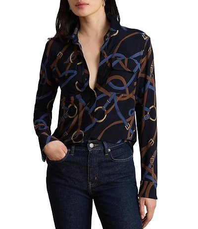 Lauren Ralph Lauren Stretch Jersey Knit Belting Print Spread Collar Long Sleeve Shirt