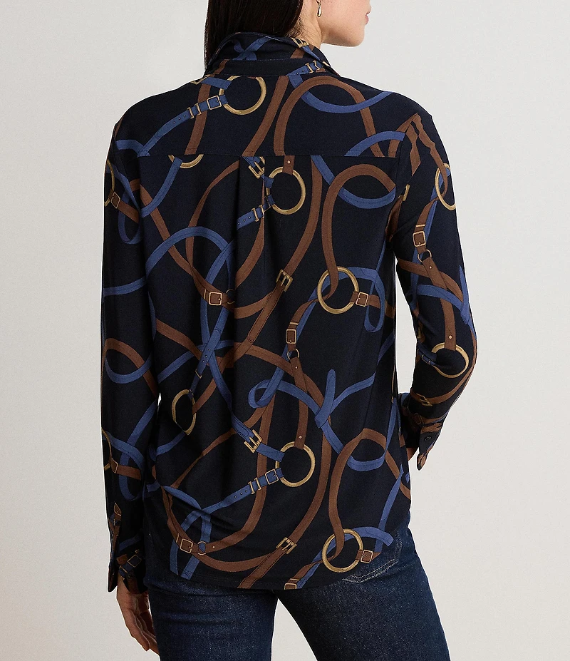 Lauren Ralph Lauren Stretch Jersey Knit Belting Print Spread Collar Long Sleeve Shirt