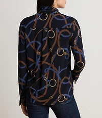 Lauren Ralph Lauren Stretch Jersey Knit Belting Print Spread Collar Long Sleeve Shirt