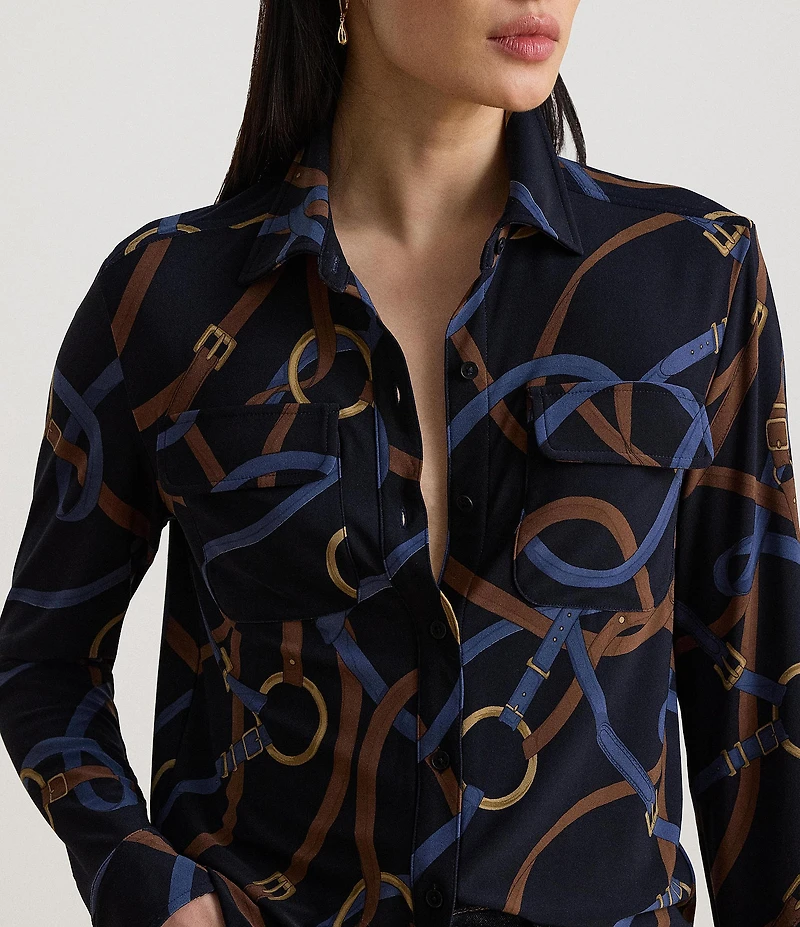 Lauren Ralph Lauren Stretch Jersey Knit Belting Print Spread Collar Long Sleeve Shirt