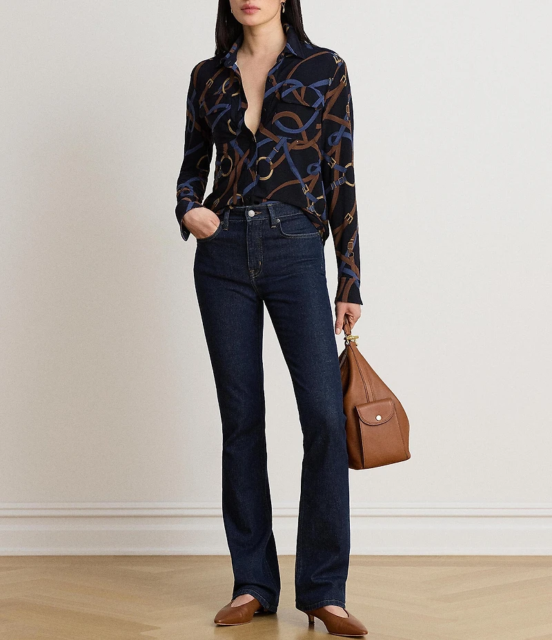 Lauren Ralph Lauren Stretch Jersey Knit Belting Print Spread Collar Long Sleeve Shirt