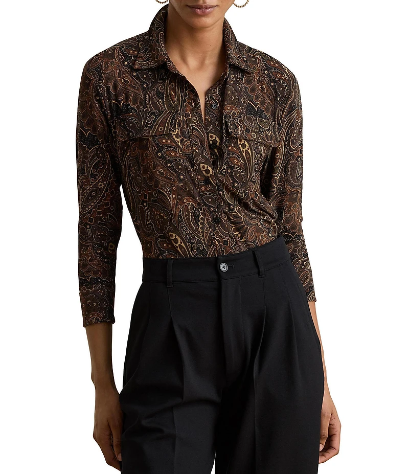 Lauren Ralph Lauren Stretch Jersey Knit Paisley Print Spread Collar Long Sleeve Shirt