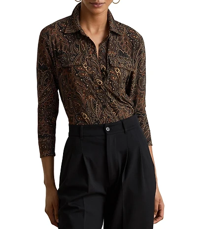 Lauren Ralph Lauren Stretch Jersey Knit Paisley Print Spread Collar Long Sleeve Shirt