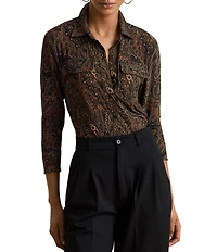 Lauren Ralph Lauren Stretch Jersey Knit Paisley Print Spread Collar Long Sleeve Shirt