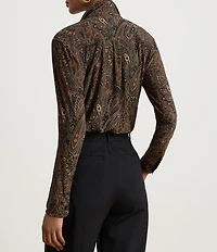 Lauren Ralph Lauren Stretch Jersey Knit Paisley Print Spread Collar Long Sleeve Shirt