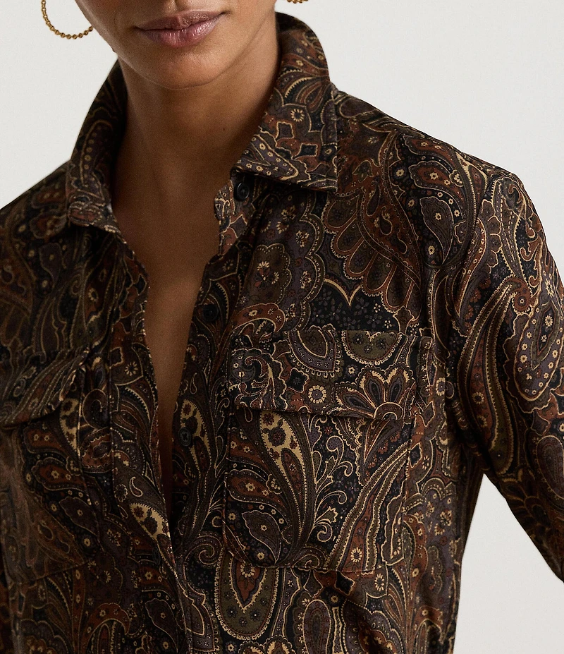 Lauren Ralph Lauren Stretch Jersey Knit Paisley Print Spread Collar Long Sleeve Shirt