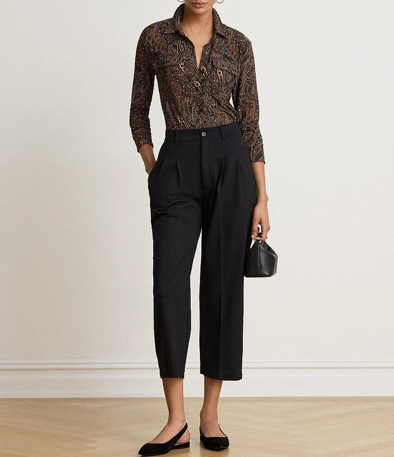 Lauren Ralph Lauren Stretch Jersey Knit Paisley Print Spread Collar Long Sleeve Shirt