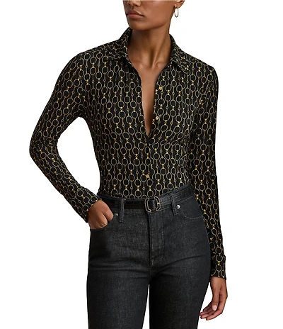 Lauren Ralph Lauren Stretch Jersey Spread Collar Long Sleeve Button Down Shirt