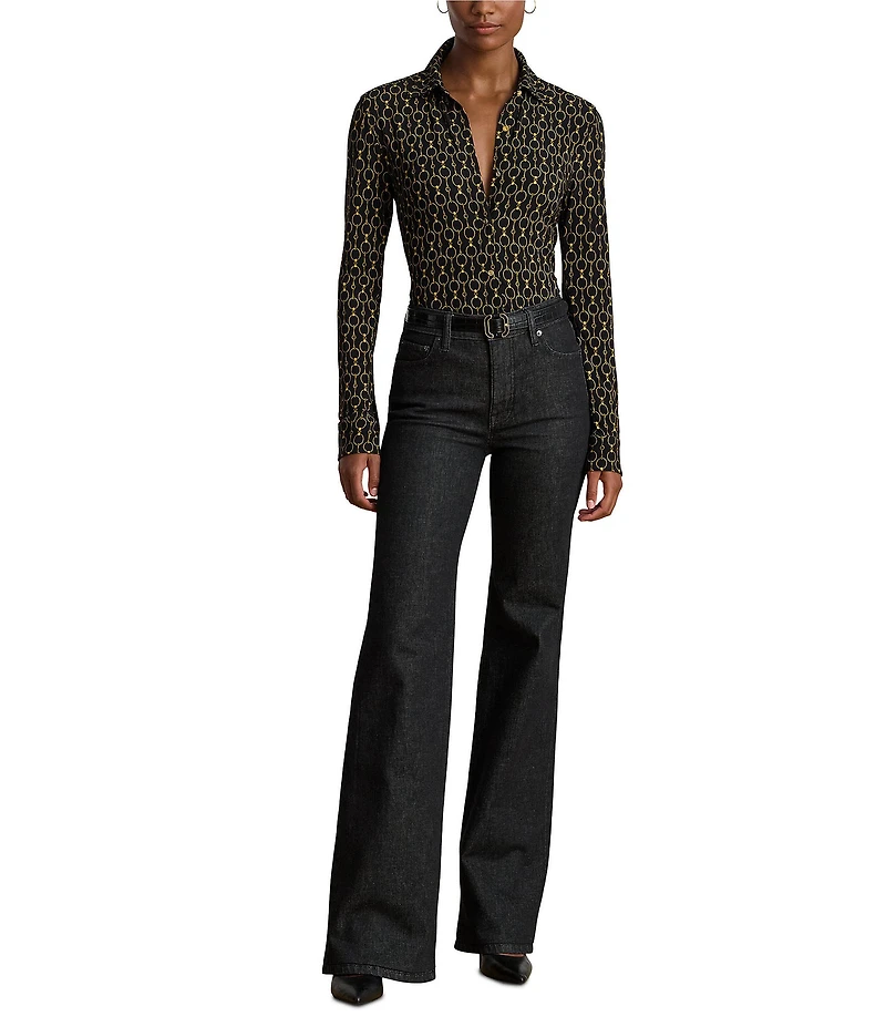 Lauren Ralph Lauren Stretch Jersey Spread Collar Long Sleeve Button Down Shirt