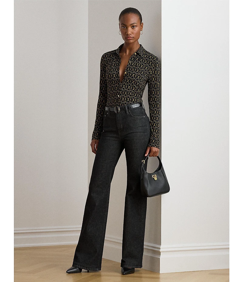 Lauren Ralph Lauren Stretch Jersey Spread Collar Long Sleeve Button Down Shirt