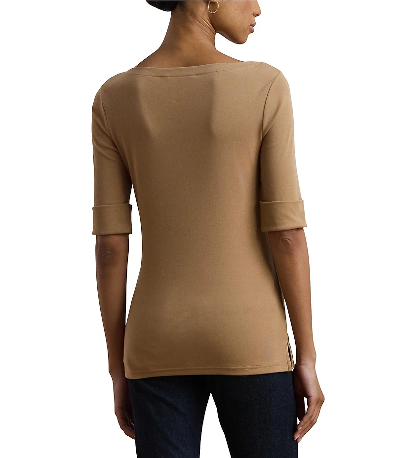 Lauren Ralph Lauren Stretch Knit Boatneck Elbow Sleeve Tee Shirt