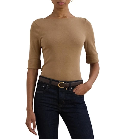 Lauren Ralph Lauren Stretch Knit Boatneck Elbow Sleeve Tee Shirt