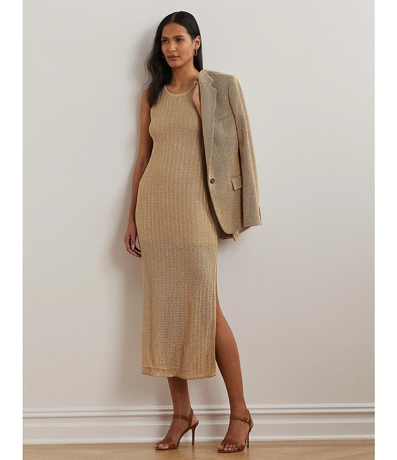 Lauren Ralph Lauren Stretch Knit Crew Neck Sleeveless Side Slit Midi Dress