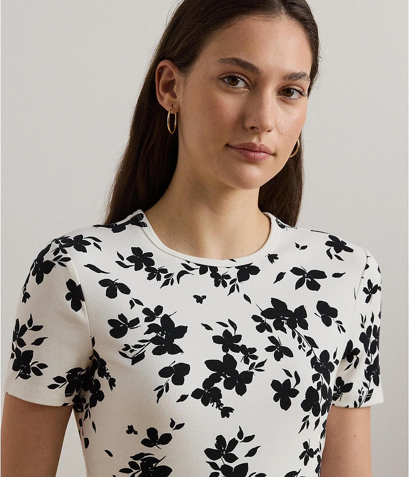Lauren Ralph Lauren Stretch Knit Floral Print Crew Neck Short Sleeve Tee