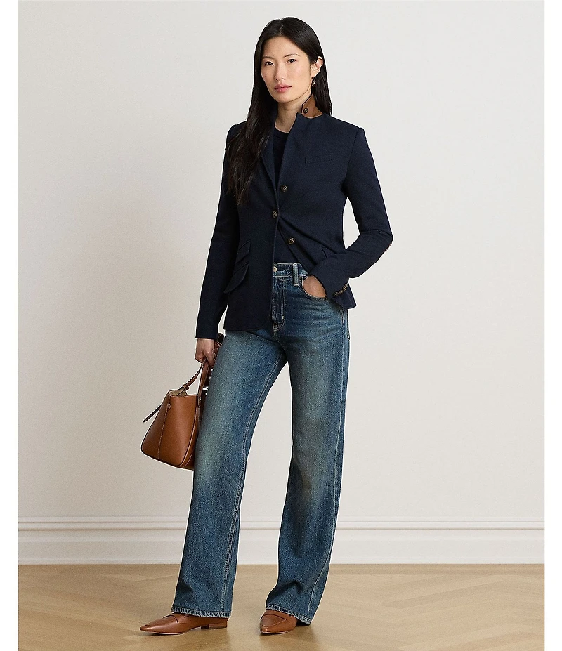 Lauren Ralph Lauren Stretch Knit Herringbone Notch Lapel Long Sleeve Jacket