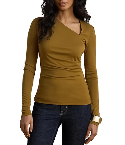 Lauren Ralph Lauren Stretch Knit Jersey Asymmetric Neck Long Sleeve Top