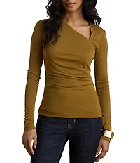 Lauren Ralph Lauren Stretch Knit Jersey Asymmetric Neck Long Sleeve Top