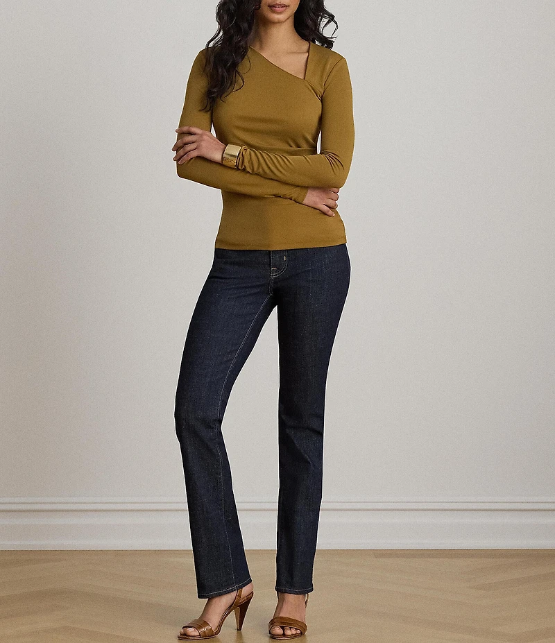 Lauren Ralph Lauren Stretch Knit Jersey Asymmetric Neck Long Sleeve Top