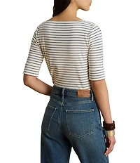Lauren Ralph Lauren Stretch Knit Stripe Boat Neck 3/4 Sleeve Tee Shirt