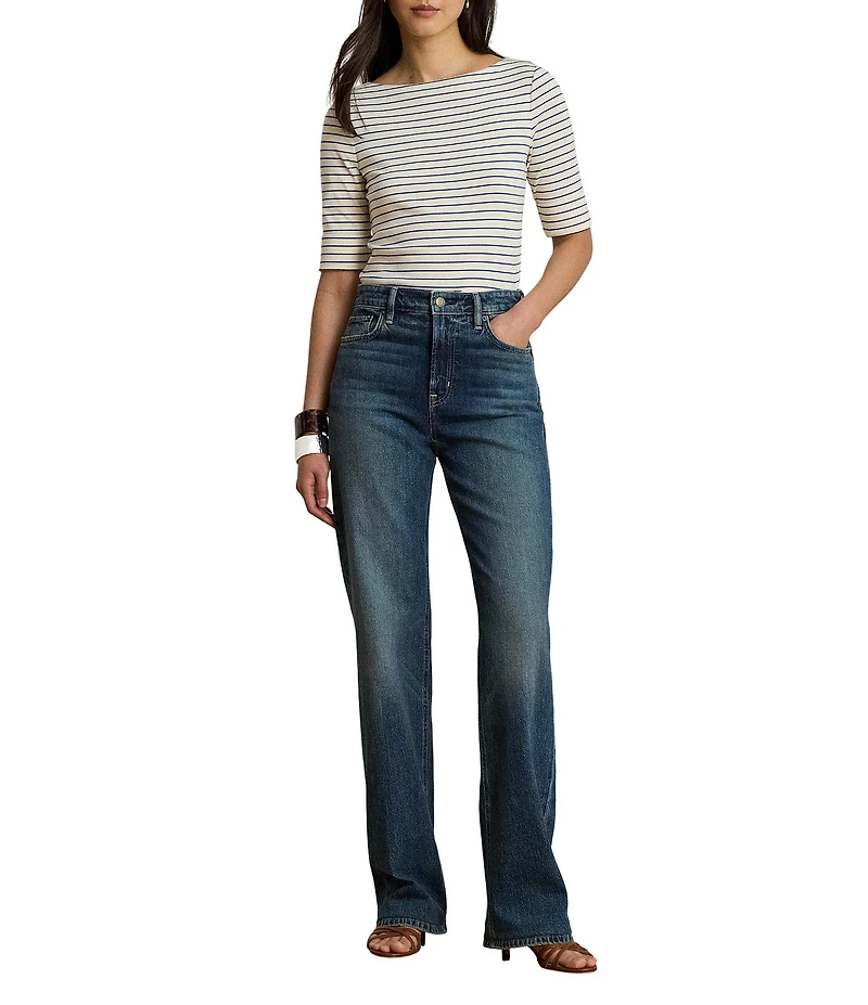 Lauren Ralph Lauren Stretch Knit Stripe Boat Neck 3/4 Sleeve Tee Shirt
