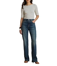 Lauren Ralph Lauren Stretch Knit Stripe Boat Neck 3/4 Sleeve Tee Shirt