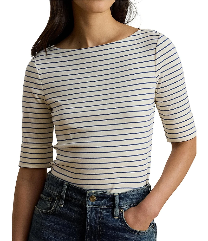 Lauren Ralph Lauren Stretch Knit Stripe Boat Neck 3/4 Sleeve Tee Shirt