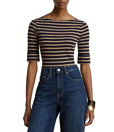 Lauren Ralph Lauren Stretch Knit Stripe Boat Neck 3/4 Sleeve Top