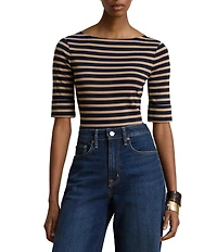 Lauren Ralph Lauren Stretch Knit Stripe Boat Neck 3/4 Sleeve Top