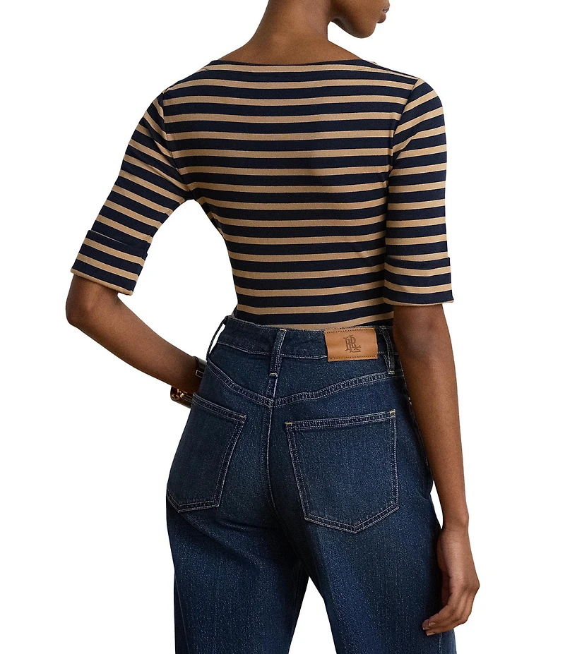 Lauren Ralph Lauren Stretch Knit Stripe Boat Neck 3/4 Sleeve Top