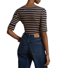Lauren Ralph Lauren Stretch Knit Stripe Boat Neck 3/4 Sleeve Top