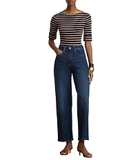 Lauren Ralph Lauren Stretch Knit Stripe Boat Neck 3/4 Sleeve Top
