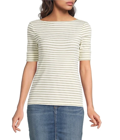 Lauren Ralph Lauren Stretch Knit Stripe Boat Neck Short Sleeve Tee Shirt
