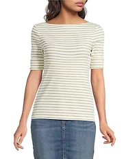 Lauren Ralph Lauren Stretch Knit Stripe Boat Neck Short Sleeve Tee Shirt