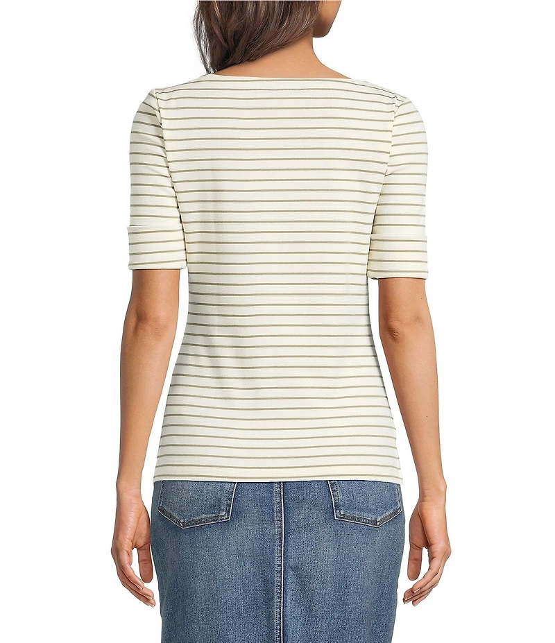 Lauren Ralph Lauren Stretch Knit Stripe Boat Neck Short Sleeve Tee Shirt