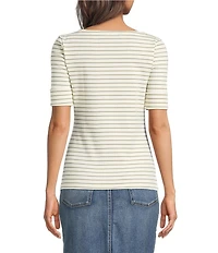 Lauren Ralph Lauren Stretch Knit Stripe Boat Neck Short Sleeve Tee Shirt