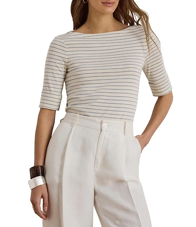 Lauren Ralph Lauren Stretch Knit Stripe Boat Neck Short Sleeve Tee Shirt