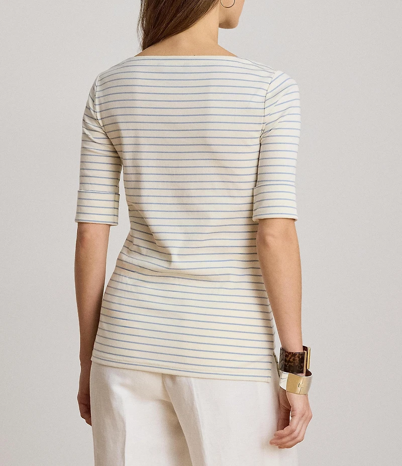 Lauren Ralph Lauren Stretch Knit Stripe Boat Neck Short Sleeve Tee Shirt