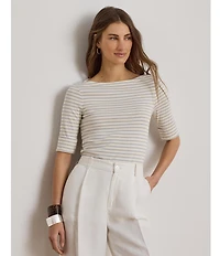 Lauren Ralph Lauren Stretch Knit Stripe Boat Neck Short Sleeve Tee Shirt