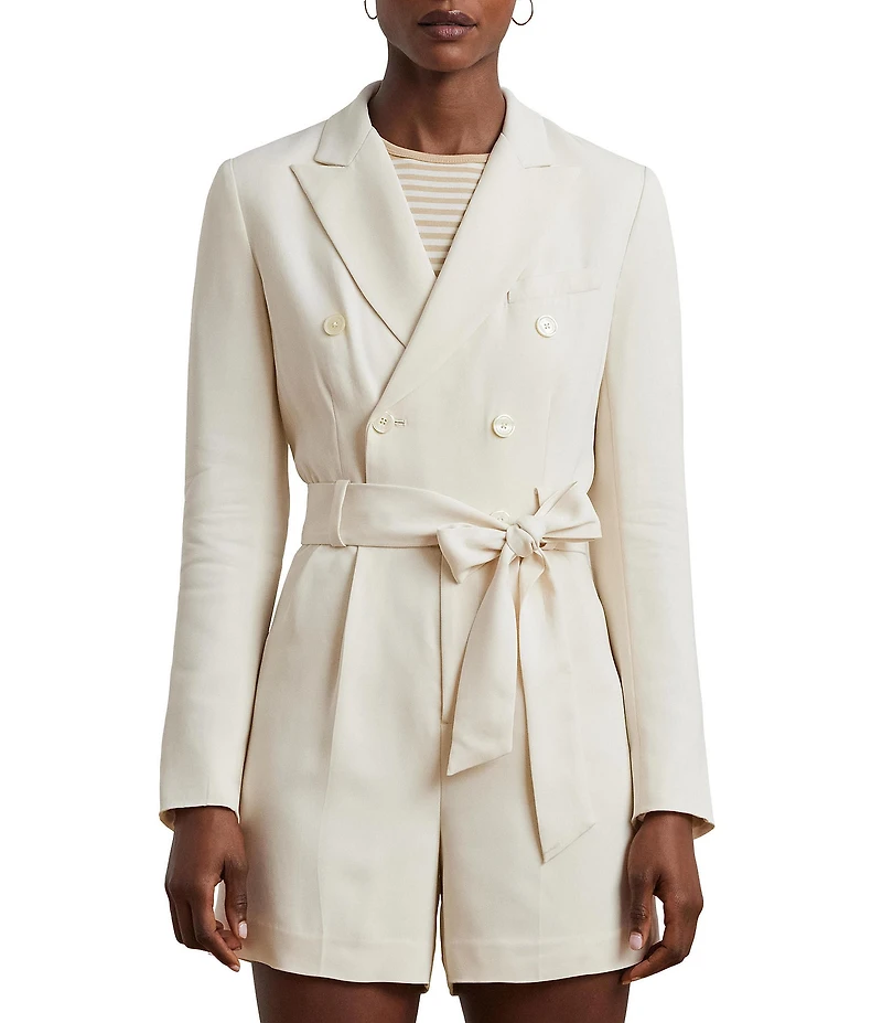 Lauren Ralph Lauren Stretch Peak Lapel Collar Long Sleeves Belted Double-Breasted Romper